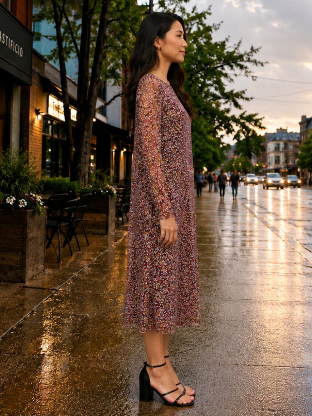 AFRM Burgundy Fuchsia Floral Mesh Midi Dress Long Sleeve Stretch Boho Size Large - Picture 2 of 10